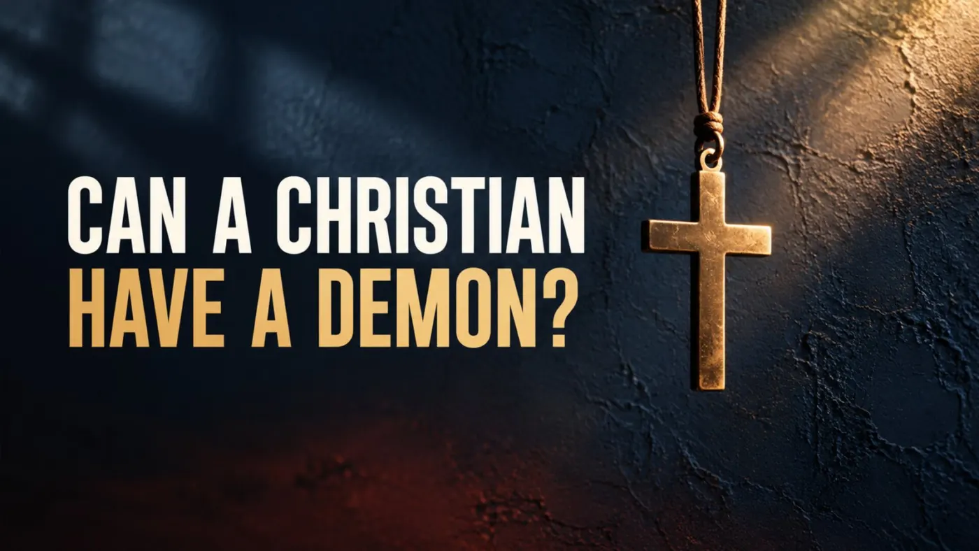 A bronze cross in warm light against a dark textured wall, beside the question “Can a Christian Have a Demon?”