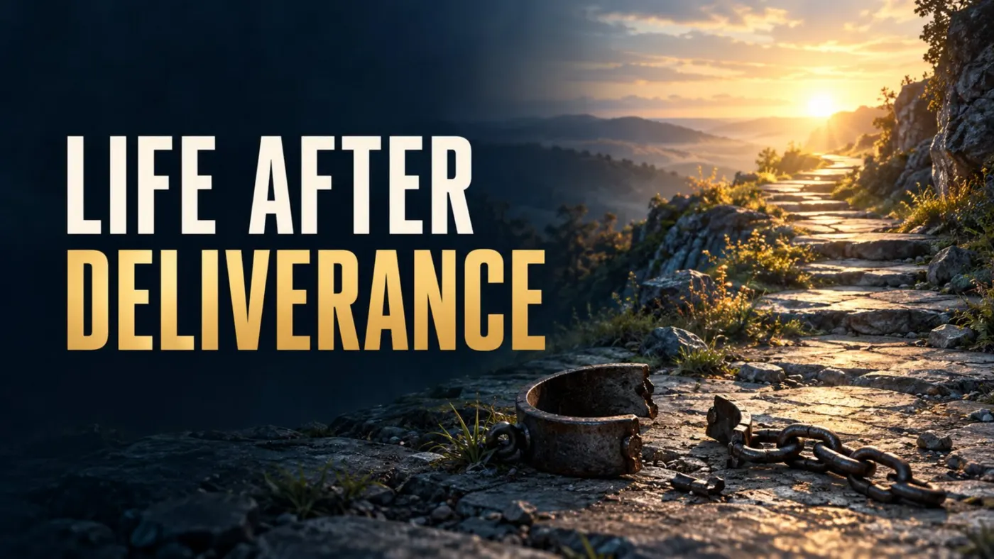Broken iron shackles on a stone path leading toward sunrise, with the words “Life After Deliverance.”