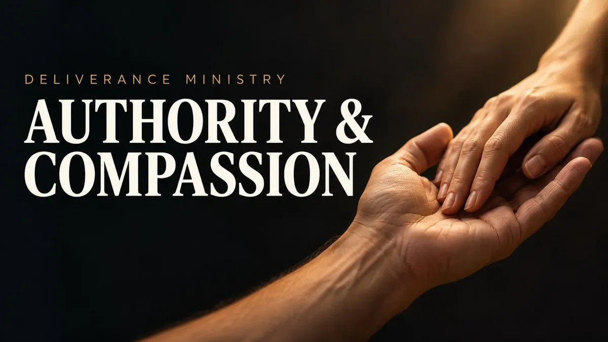 An open hand gently supports another hand beside the words Authority & Compassion and Deliverance Ministry.