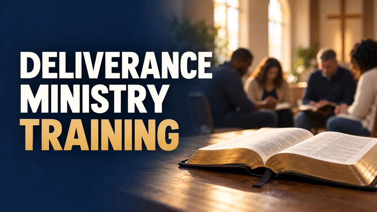 Open Bible with a church ministry team praying in the background, beside the words “Deliverance Ministry Training.”