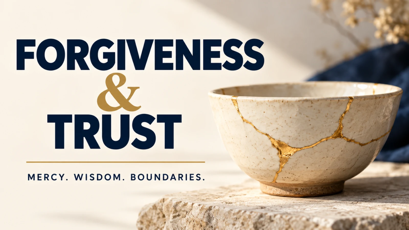 Ivory bowl repaired with gold seams beside the words “Forgiveness & Trust. Mercy. Wisdom. Boundaries.”