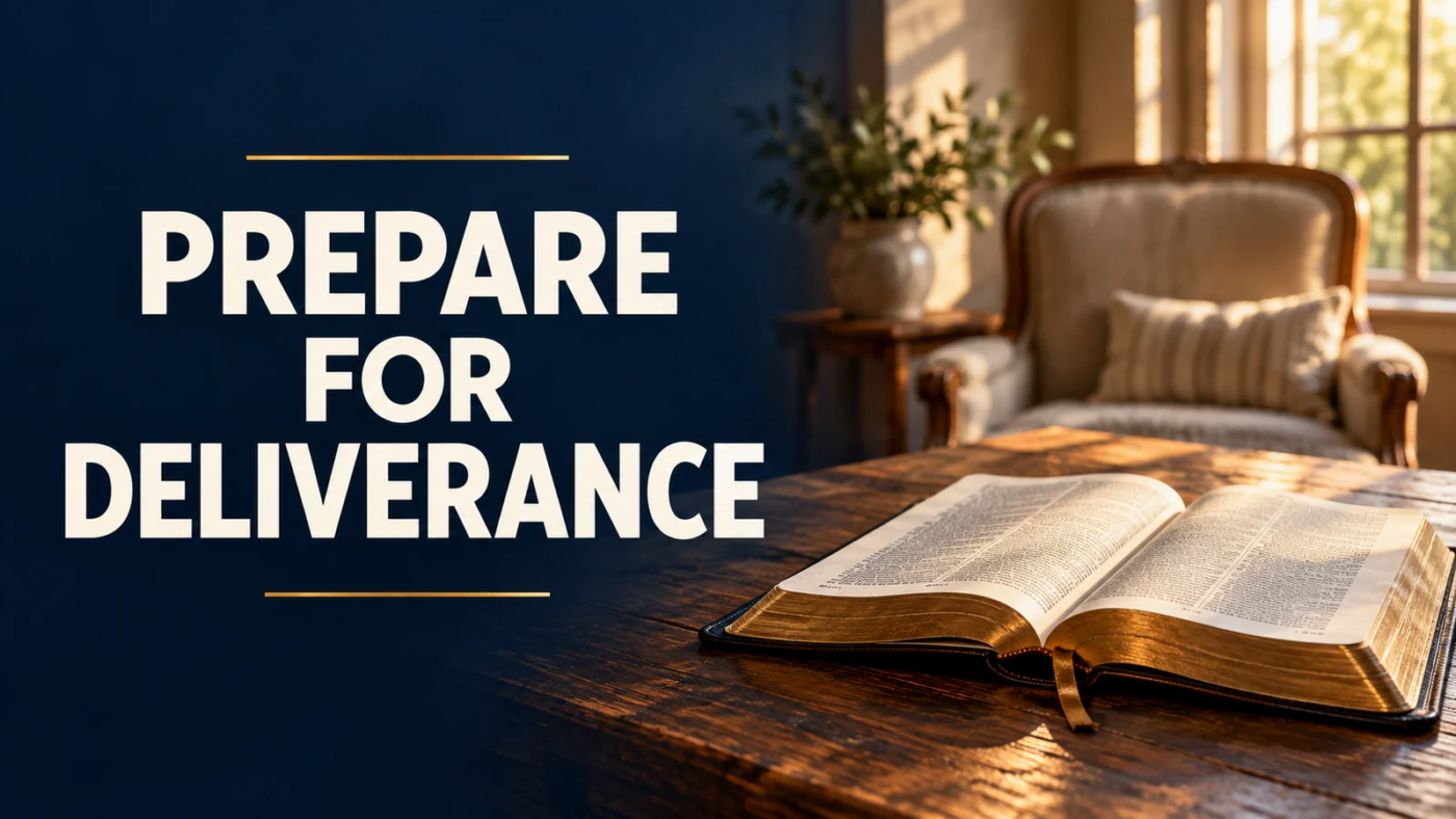 Open Bible on a table beside an empty chair in warm window light, with the words “Prepare for Deliverance.”